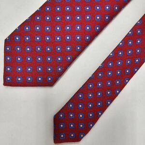 SAKS FIFTH AVENUE WOOL SILK TIE RED BLUE SQUARE POLKA DOT PATTERN TEXTURED 3"